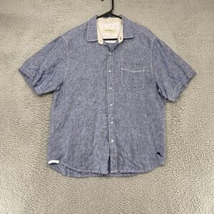 Tommy Bahama Linen Shirt Mens Medium Blue Chambray Short Sleeve Button Up Summer
